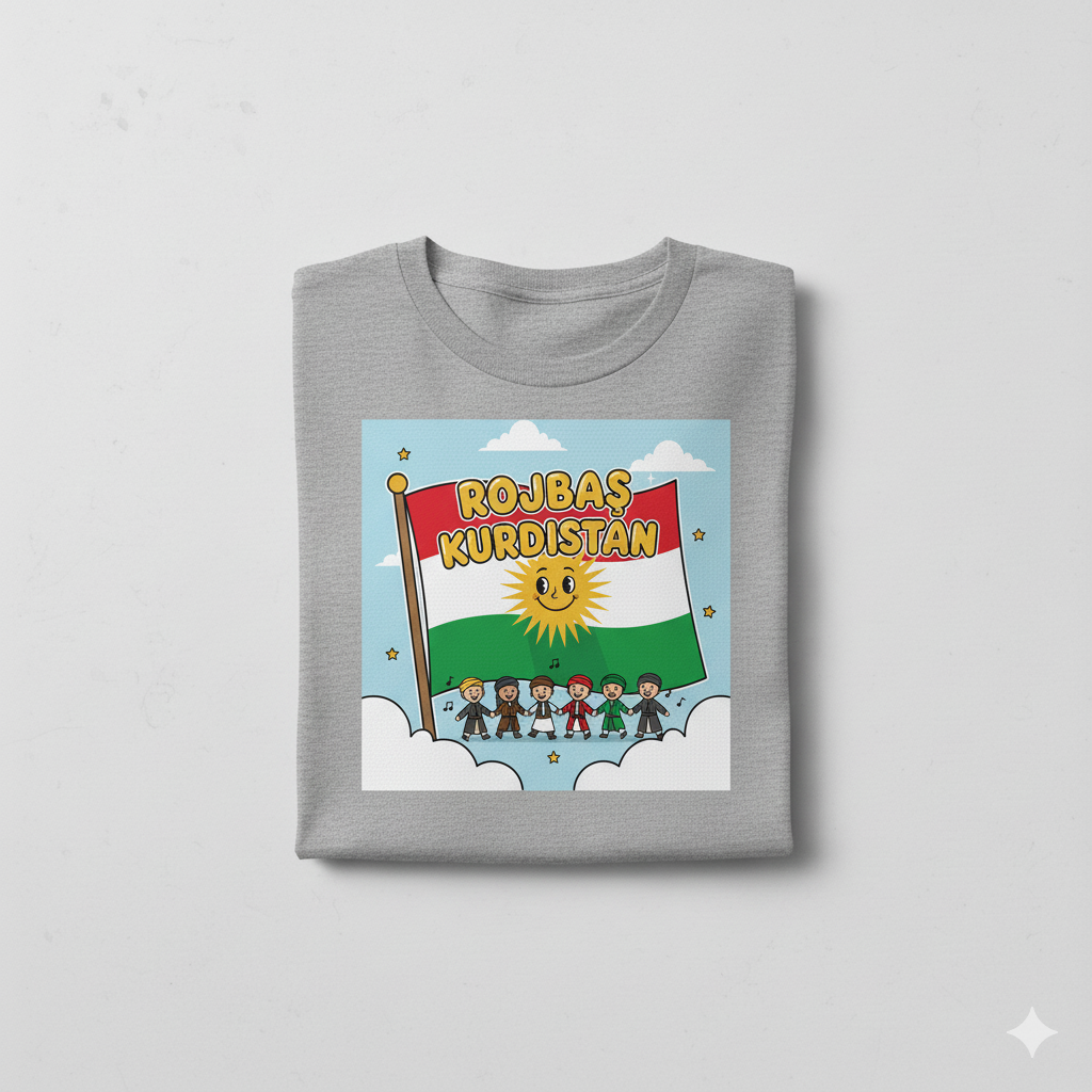 A grey t-shirt that shows a kurdish style design with a kurdish flag and it says: Rojbaş Kurdistan.