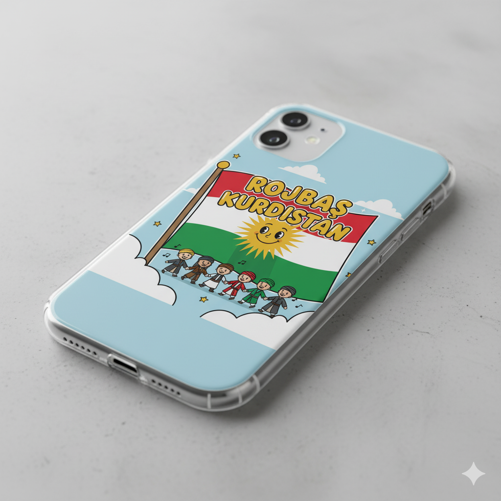 An Iphone case that shows a kurdish style design with a kurdish flag and it says: Rojbaş Kurdistan.