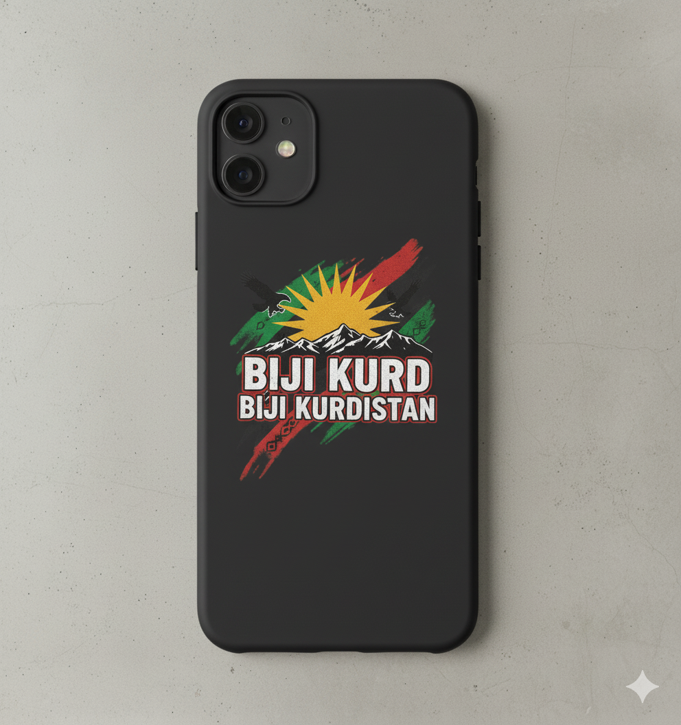 An iphone case that shows a kurdish style design with a kurdish flag and it says: Biji kurd Biji kurdistan
