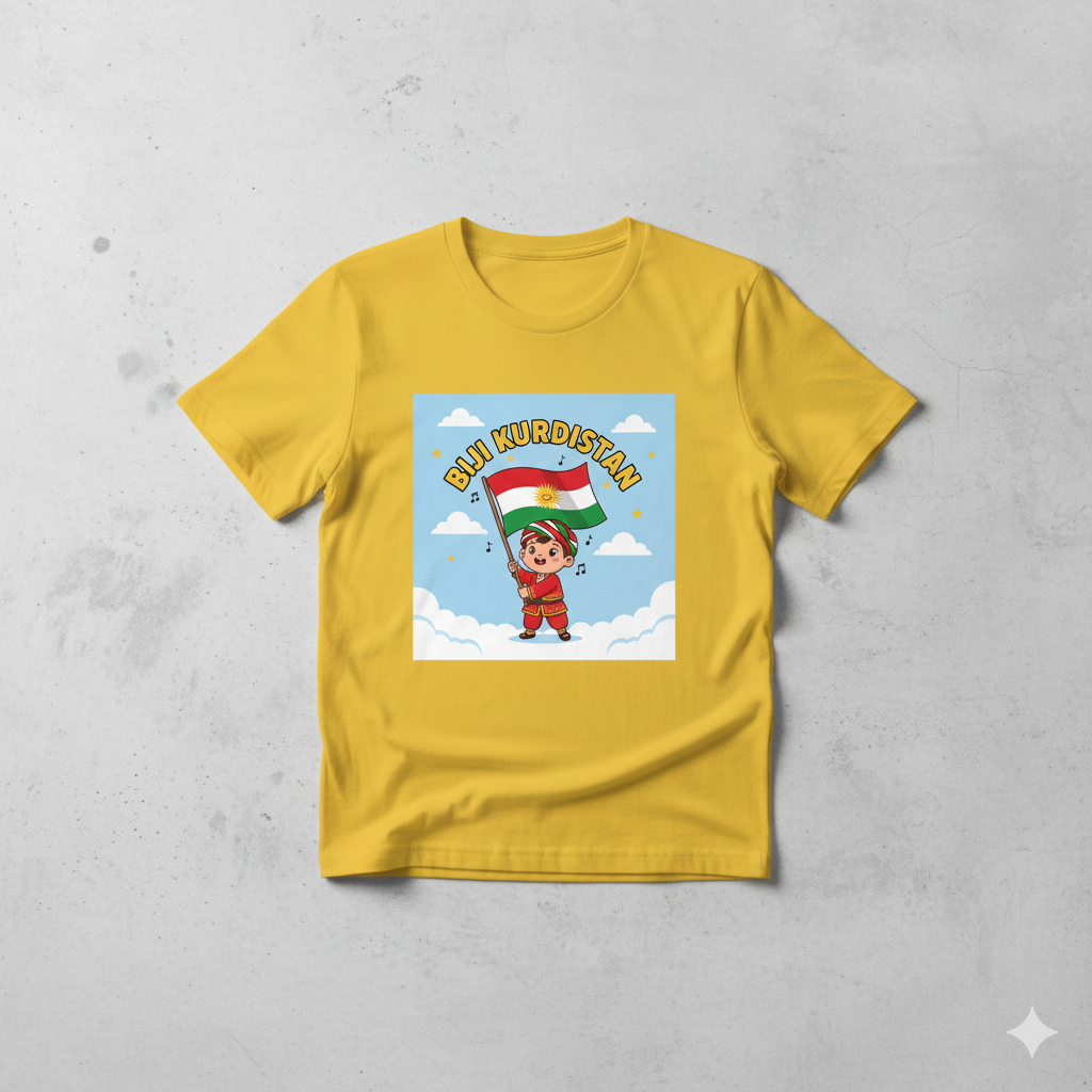 A yellow t-shirt that shows a kurdish style design with a kurdish flag and it says: Biji kurdistan