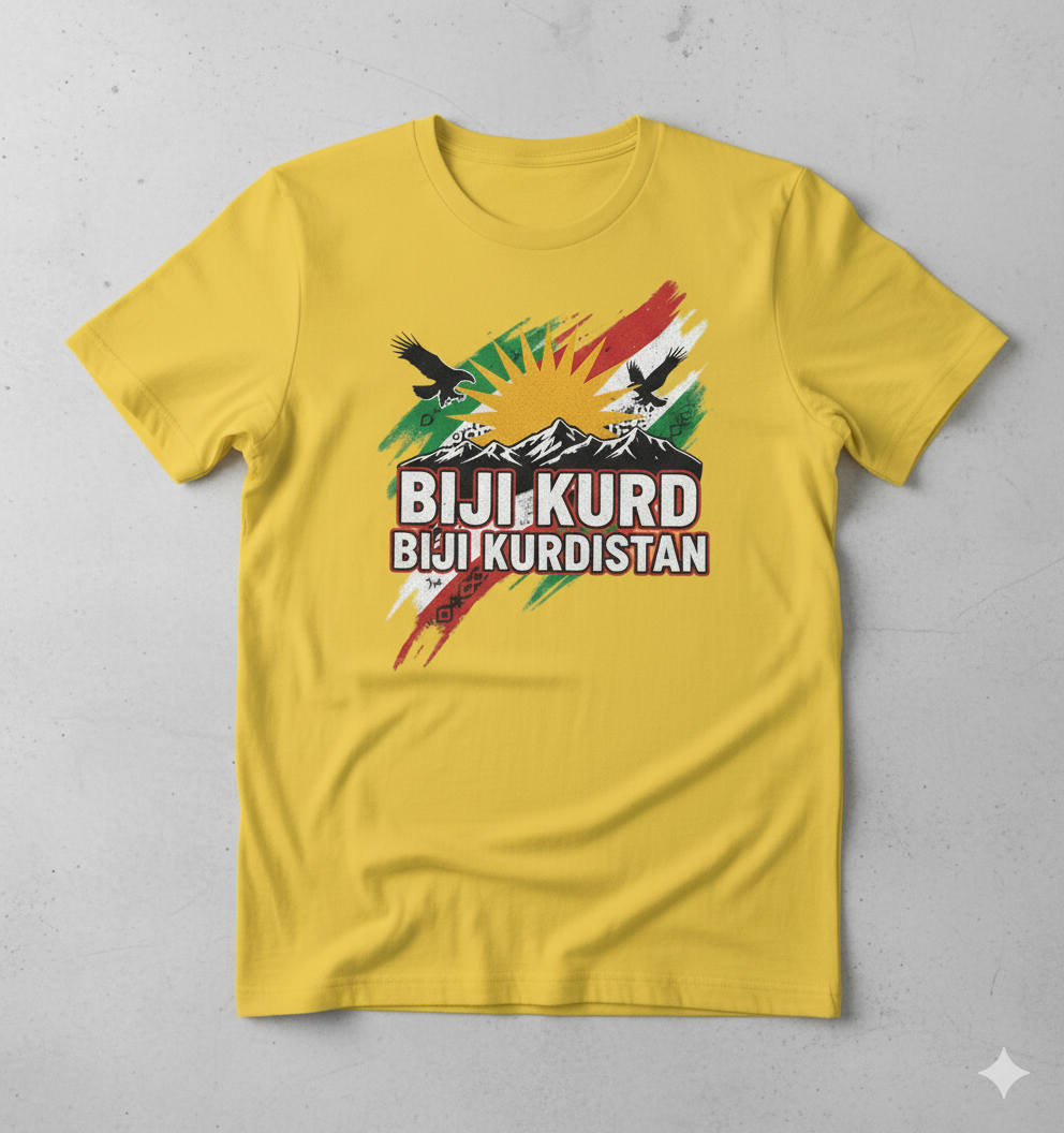 A yellow t-shirt that shows a kurdish style design with a kurdish flag and it says: Biji kurd Biji kurdistan