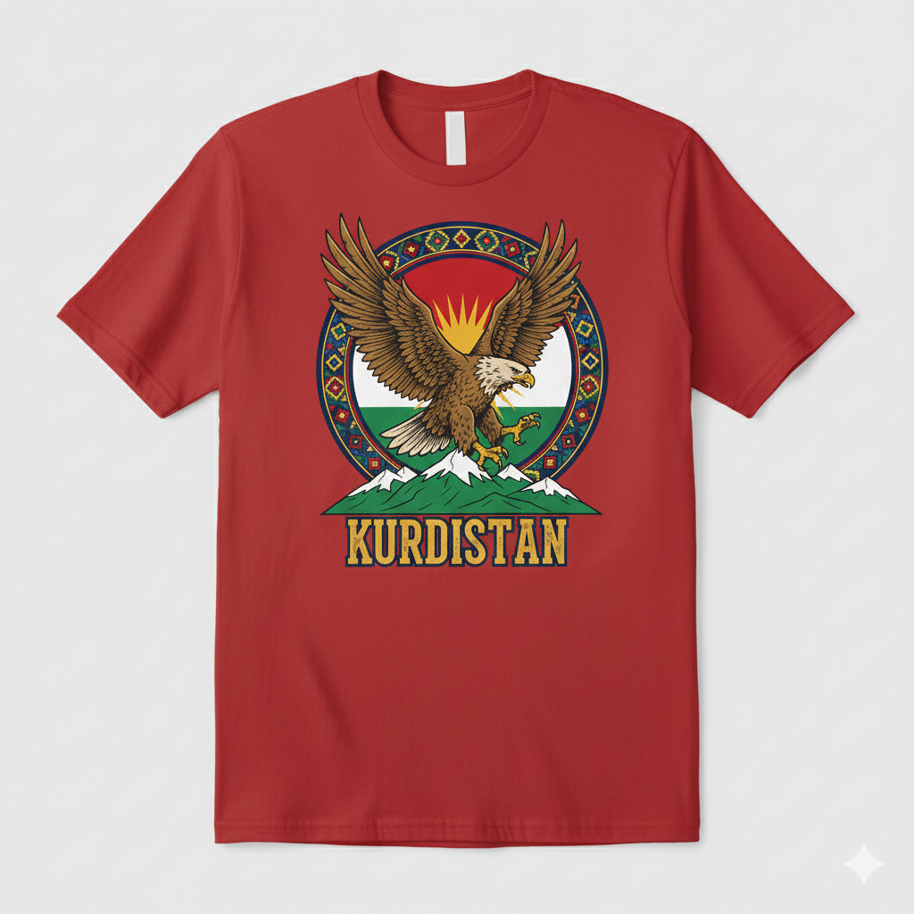 A red t-shirt showing an eagle and the kurdistan flag with kurdish mountains.
