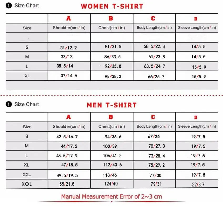 Size Guide for the T-shirt