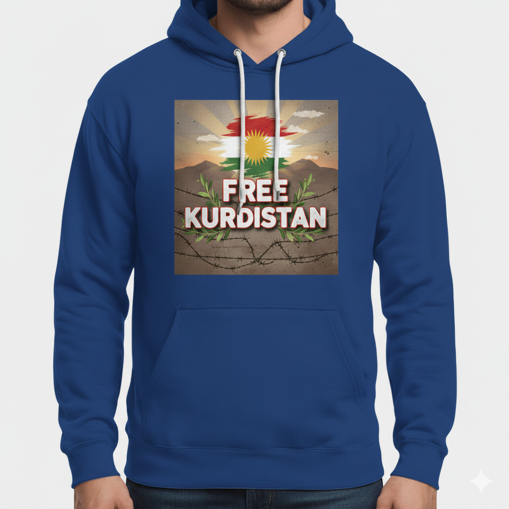 A blue hoodie that shows a kurdistan flag and free kurdistan.