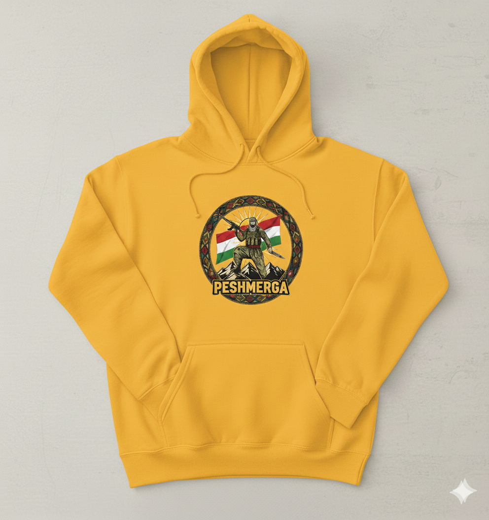 A yellow hoodie which shows a Kurdish peshmerga design