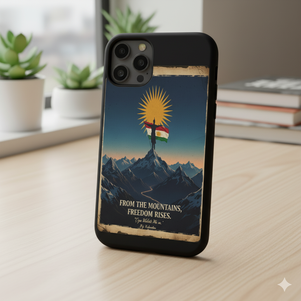 an iphone case that shows a kurdistan flag and says "from the mountains, freedom rises".