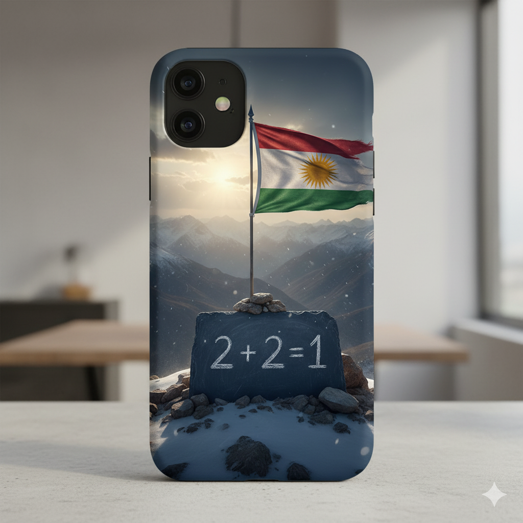 an iphone case that shows a kurdistan flag and the kurdish quote 2 + 2 = 1.