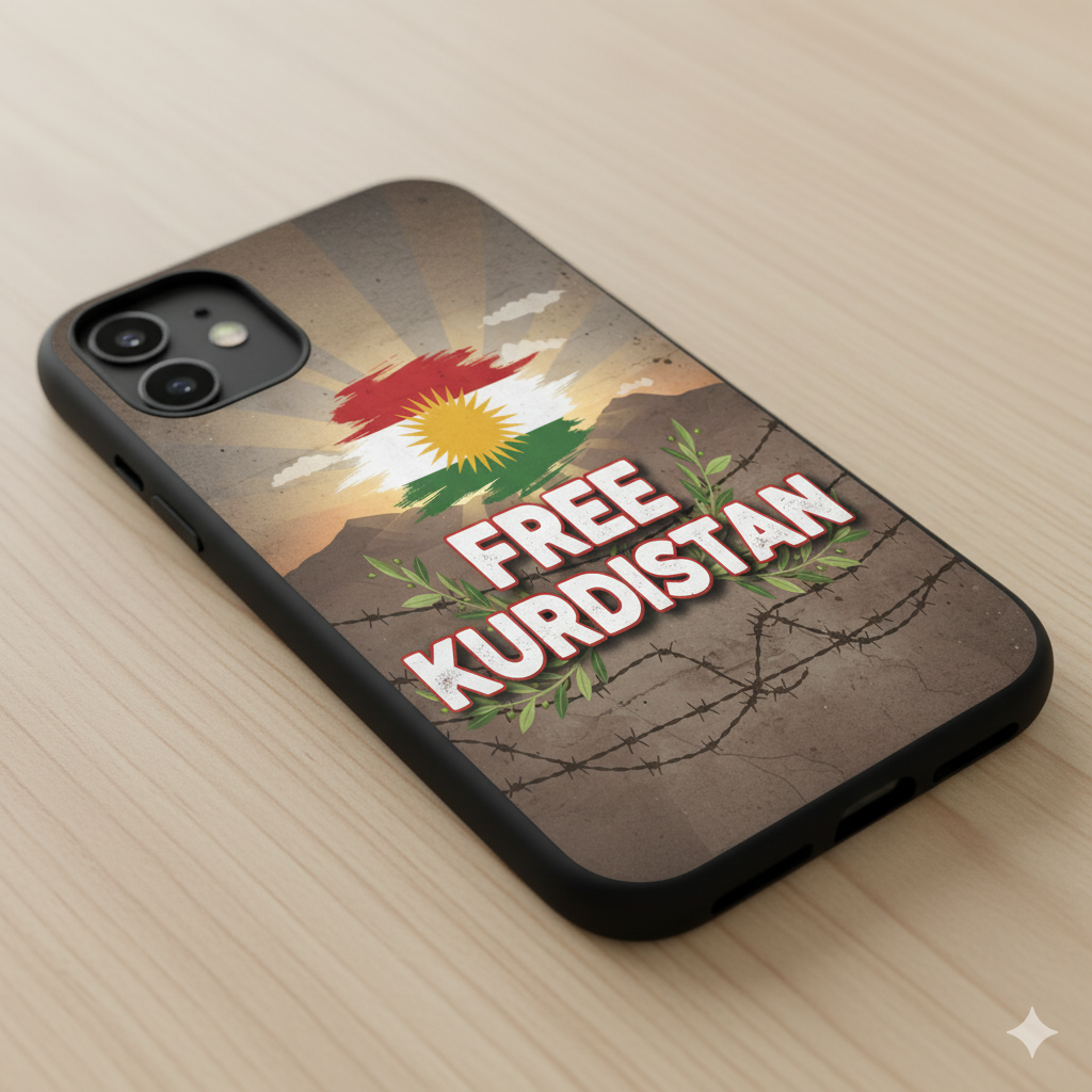 An iphone case that shows a kurdistan flag and free kurdistan.