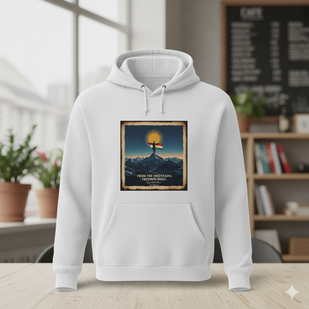 A white hoodie that shows a kurdistan flag and says "from the mountains, freedom rises".