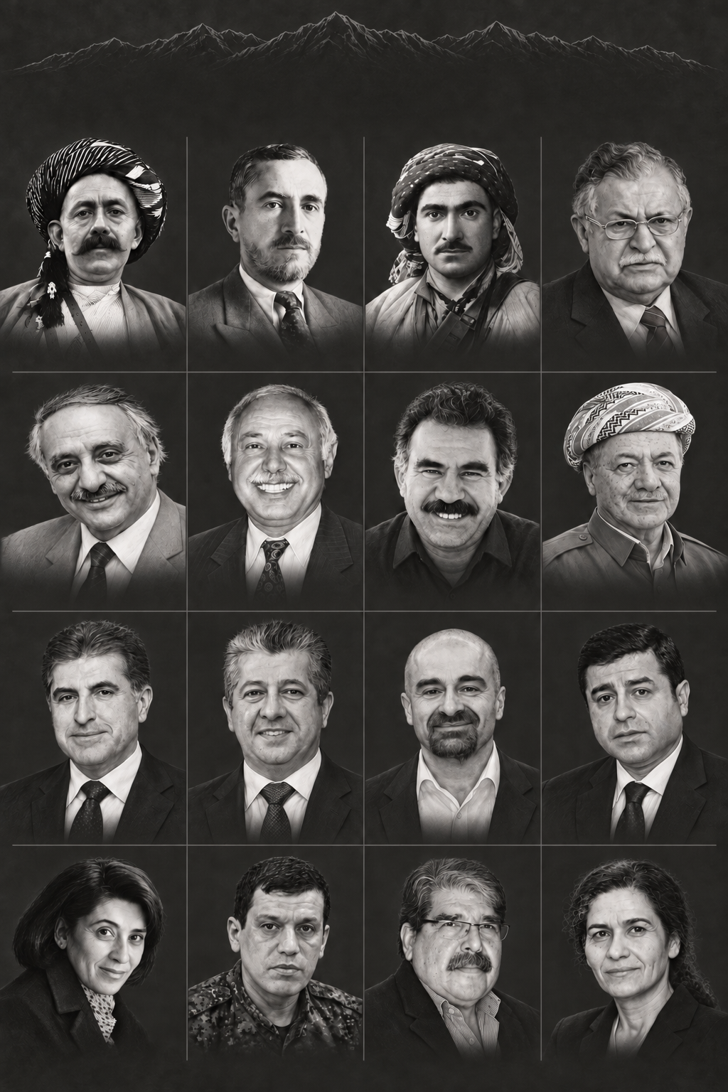 Black-and-white poster featuring 16 selected Kurdish leaders in a four-by-four portrait grid without text.