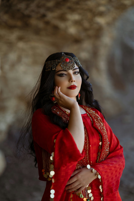 a woman in a red dress