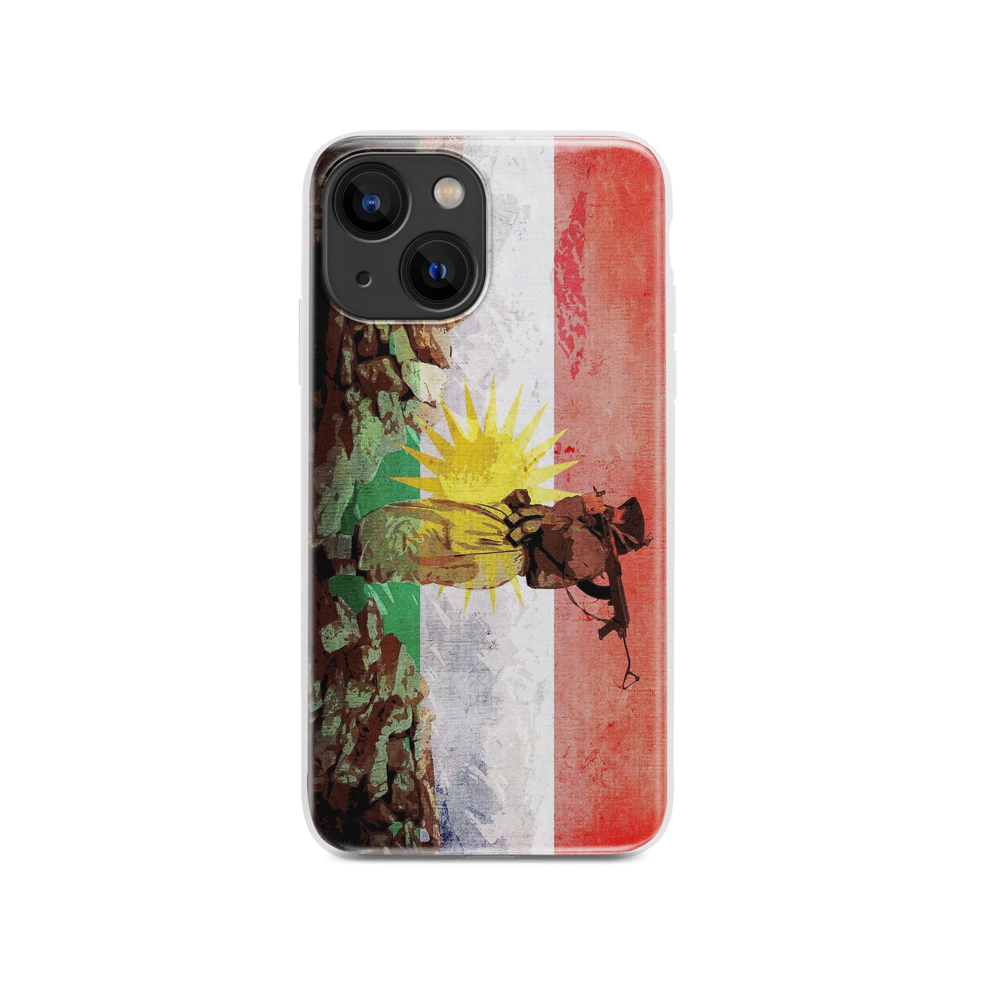 Phone case design featuring the Kurdish Peshmerga, showcasing vibrant colours.