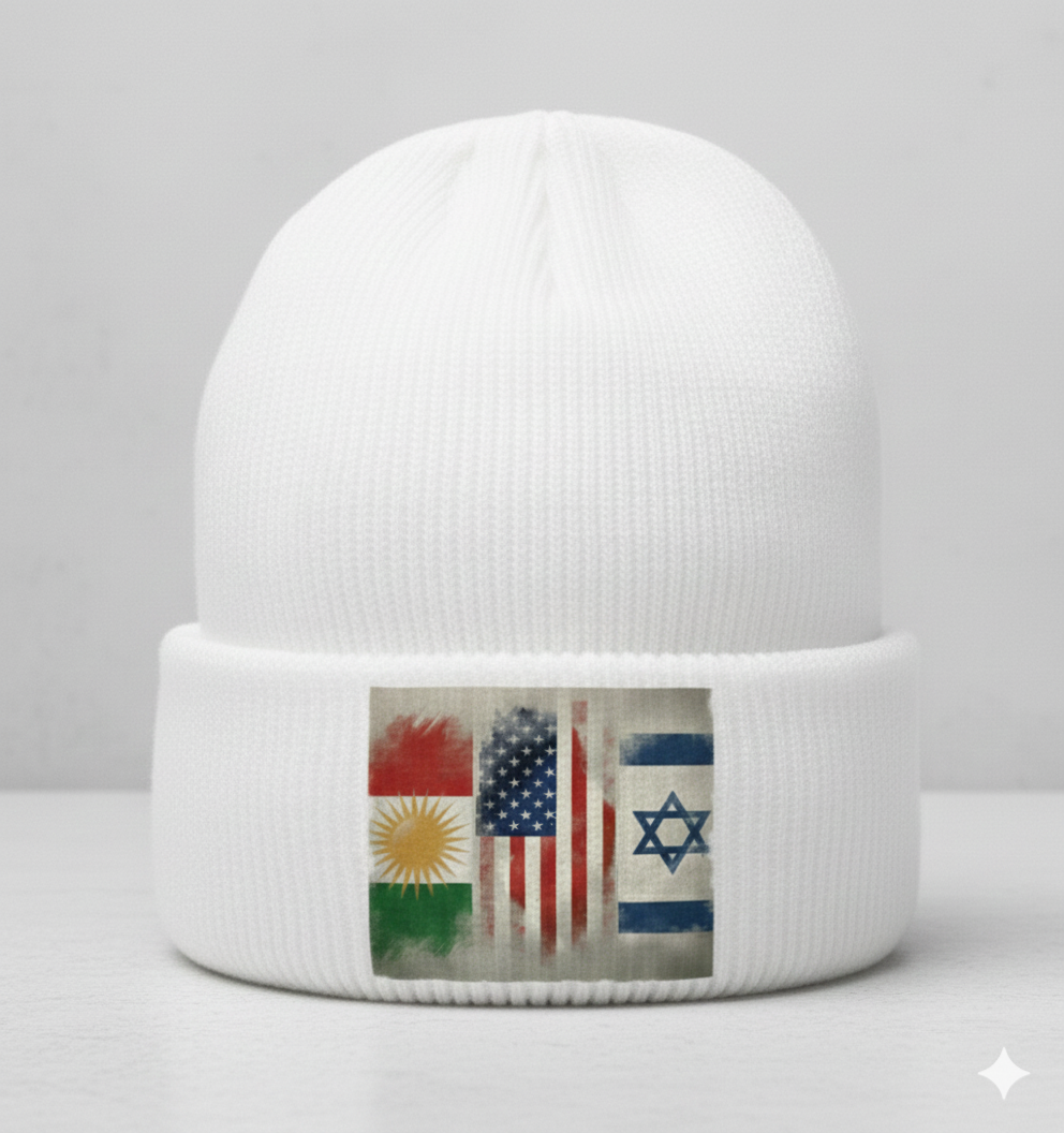 A Beanie Hat that shows the flags of kurdistan, usa and israel. 