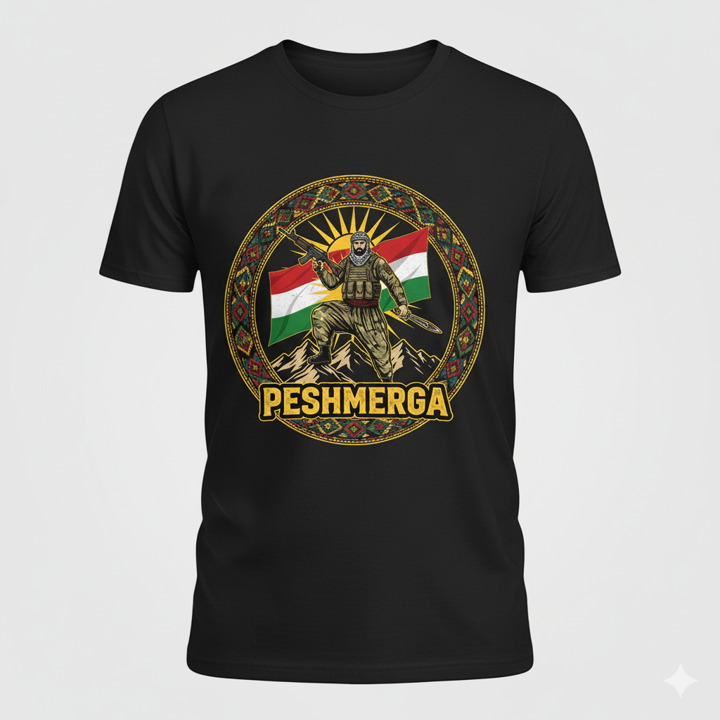 A black t-shirt that shows a kurdish style design with a kurdish flag and a peshmerga soldier and the text: PESHMERGA