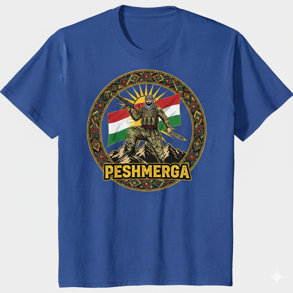 A blue t-shirt that shows a kurdish style design with a kurdish flag and a peshmerga soldier and the text: PESHMERGA