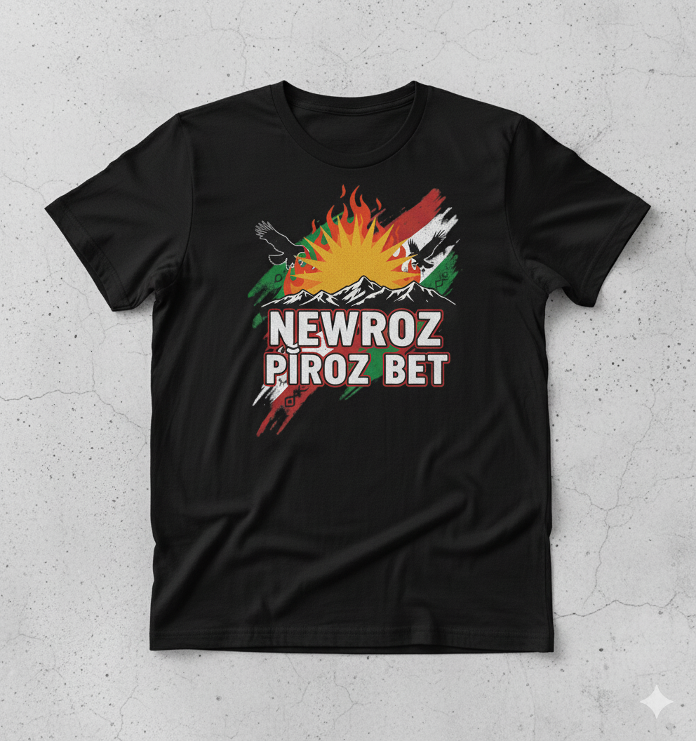 A black T-Shirt that shows a kurdish design with text saying Newroz Pîroz Bet.