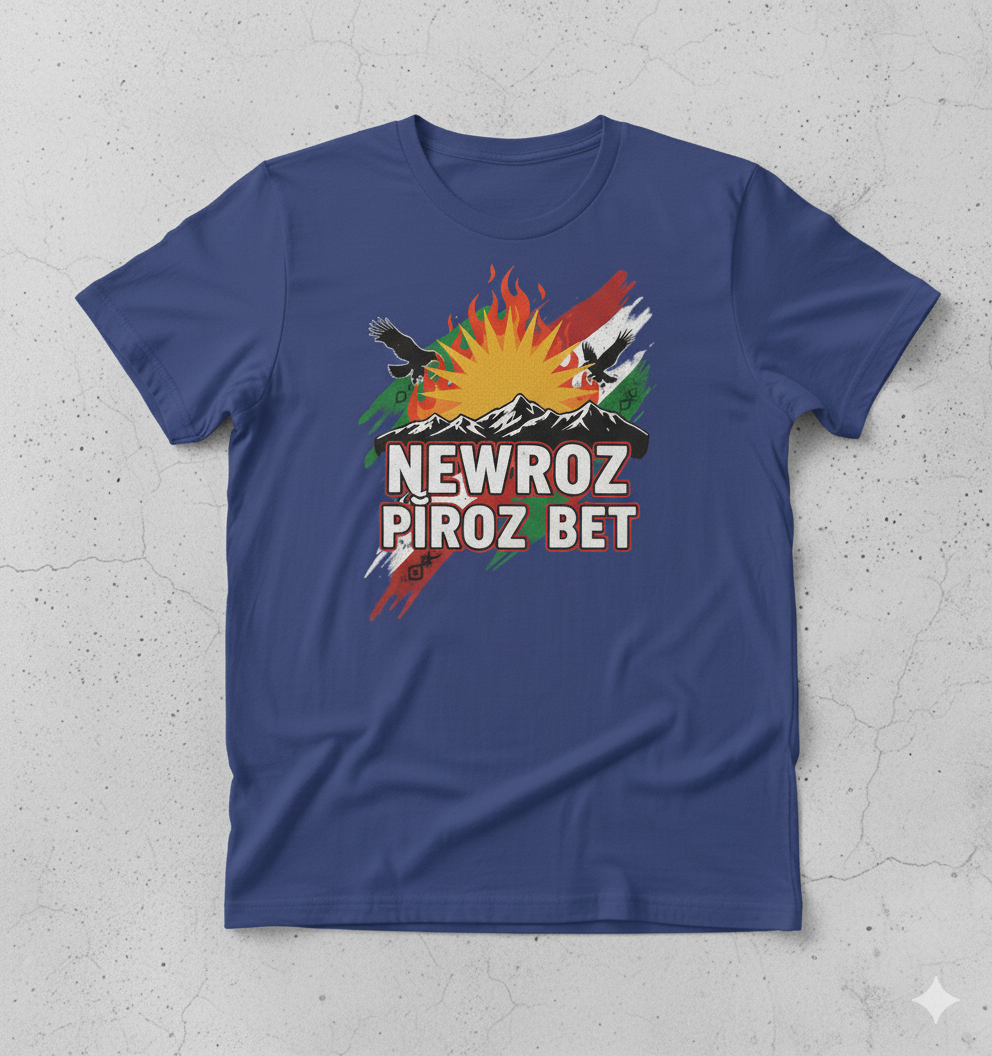 A blue T-Shirt that shows a kurdish design with text saying Newroz Pîroz Bet.