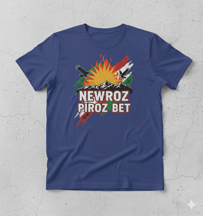 A blue T-Shirt that shows a kurdish design with text saying Newroz Pîroz Bet.