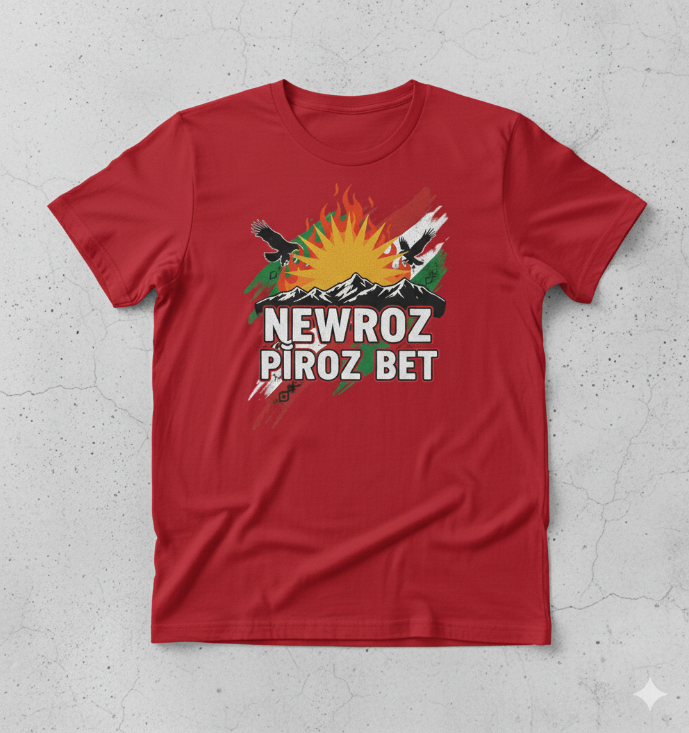 A red T-Shirt that shows a kurdish design with text saying Newroz Pîroz Bet.