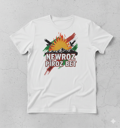 A White T-Shirt that shows a kurdish design with text saying Newroz Pîroz Bet.