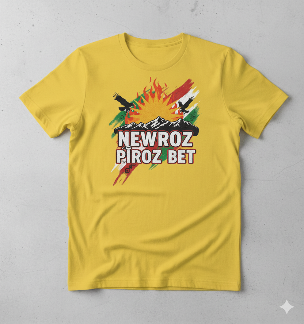 A yellow T-Shirt that shows a kurdish design with text saying Newroz Pîroz Bet.