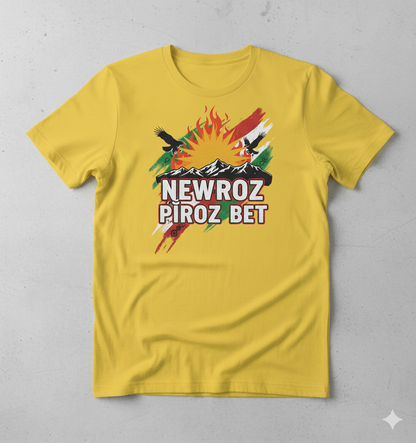 A yellow T-Shirt that shows a kurdish design with text saying Newroz Pîroz Bet.
