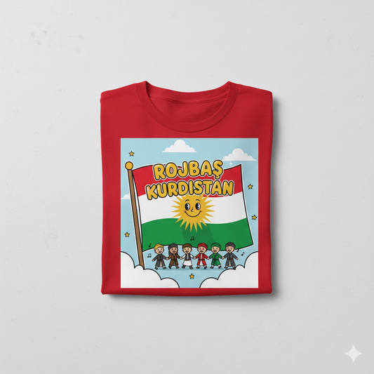 A red t-shirt that shows a kurdish style design with a kurdish flag and it says: Rojbaş Kurdistan. 