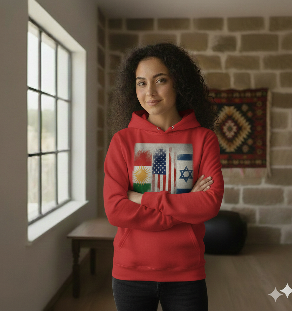 A Female model wearing a red hoodie showcasing the flags of usa, kurdistan and israel.