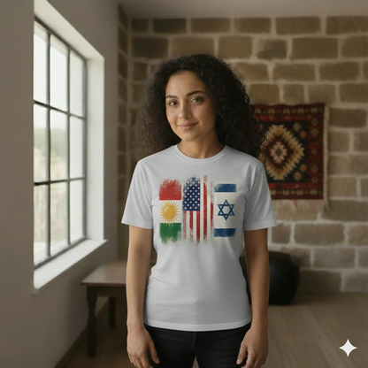 A Female model wearing a White t-shirt showcasing the flags of kurdistan, usa and israel. 