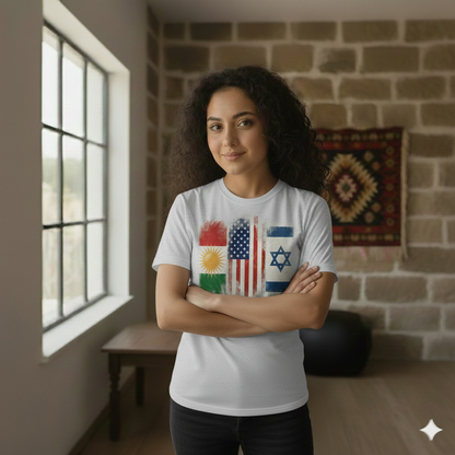 A Female model wearing a White t-shirt showcasing the flags of kurdistan, usa and israel. 