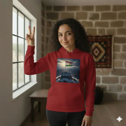 female model wearing a red hoodie that shows a kurdistan flag and the kurdish quote 2 + 2 = 1.