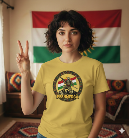 An image of a female model wearing a yellow T-shirt that displays a Kurdish peshmerga design. 