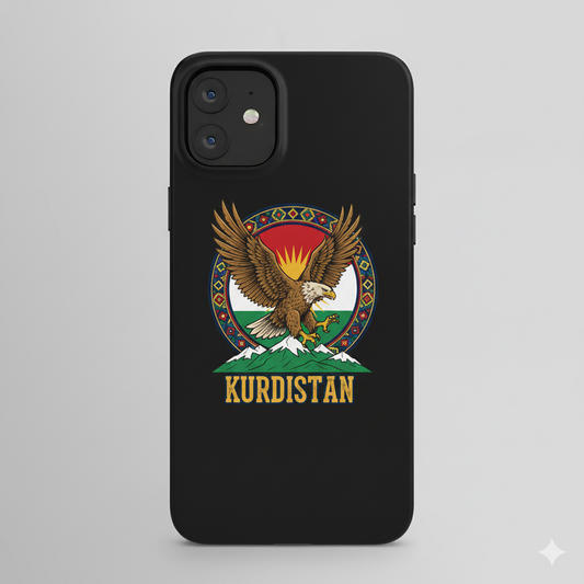 An iphone case showing an eagle and the kurdistan flag with kurdish mountains. 