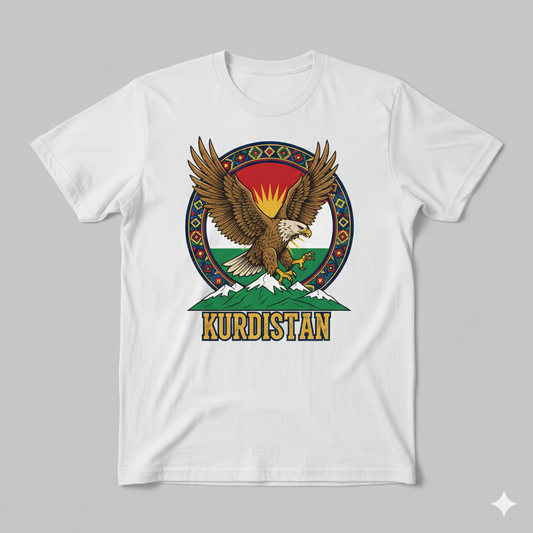 A white t-shirt showing an eagle and the kurdistan flag with kurdish mountains. 