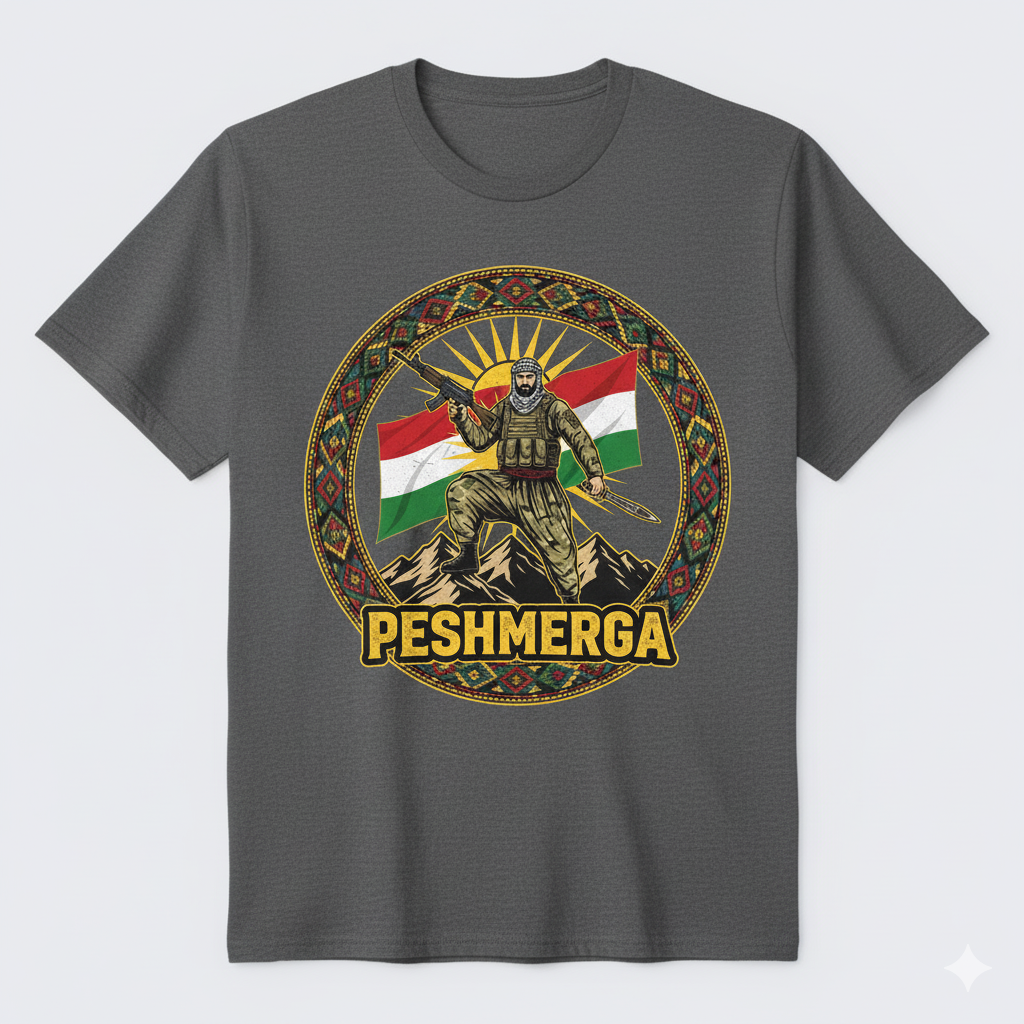 A grey t-shirt that shows a kurdish style design with a kurdish flag and a peshmerga soldier and the text: PESHMERGA