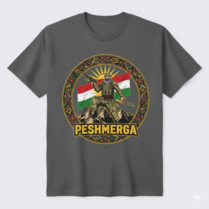 A grey t-shirt that shows a kurdish style design with a kurdish flag and a peshmerga soldier and the text: PESHMERGA