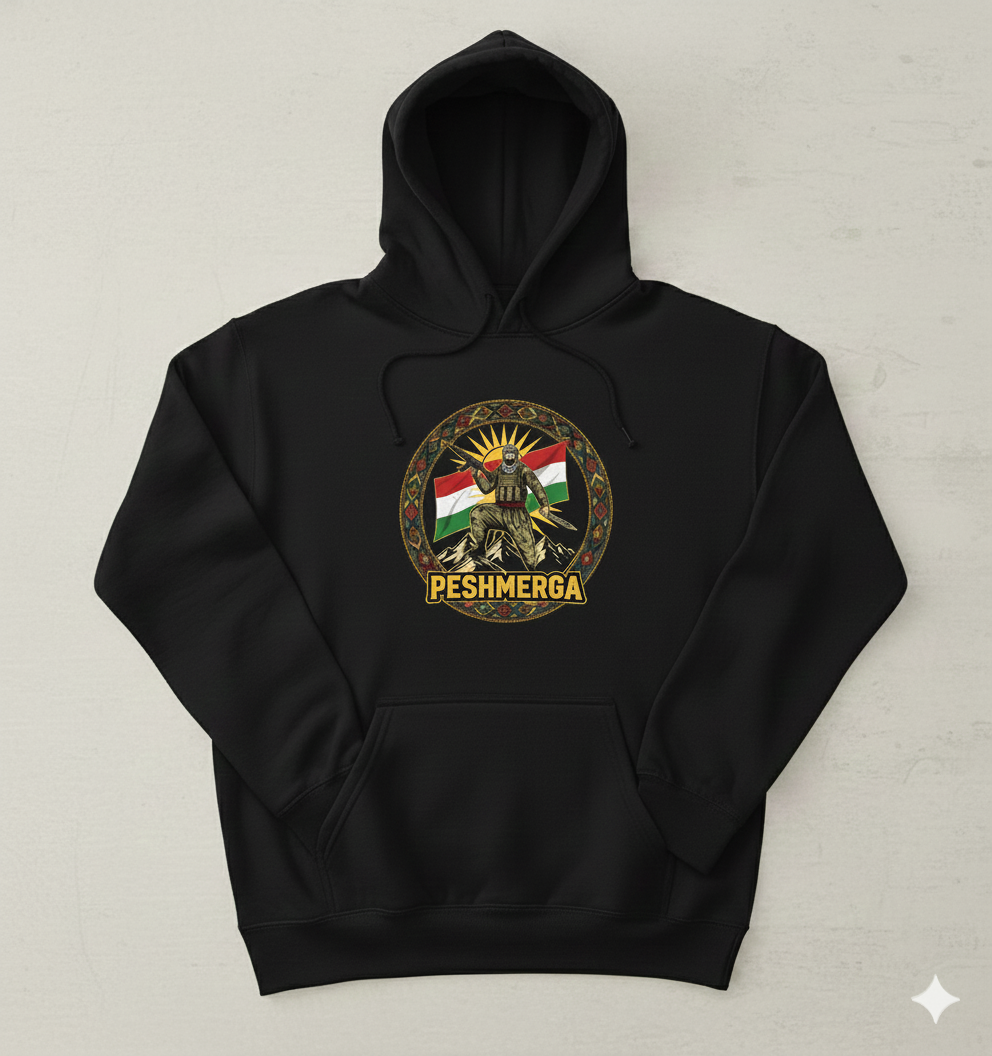 A black hoodie displaying a Kurdish peshmerga design. 