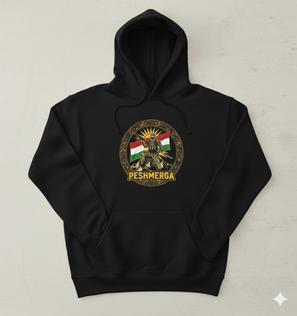 A black hoodie displaying a Kurdish peshmerga design. 