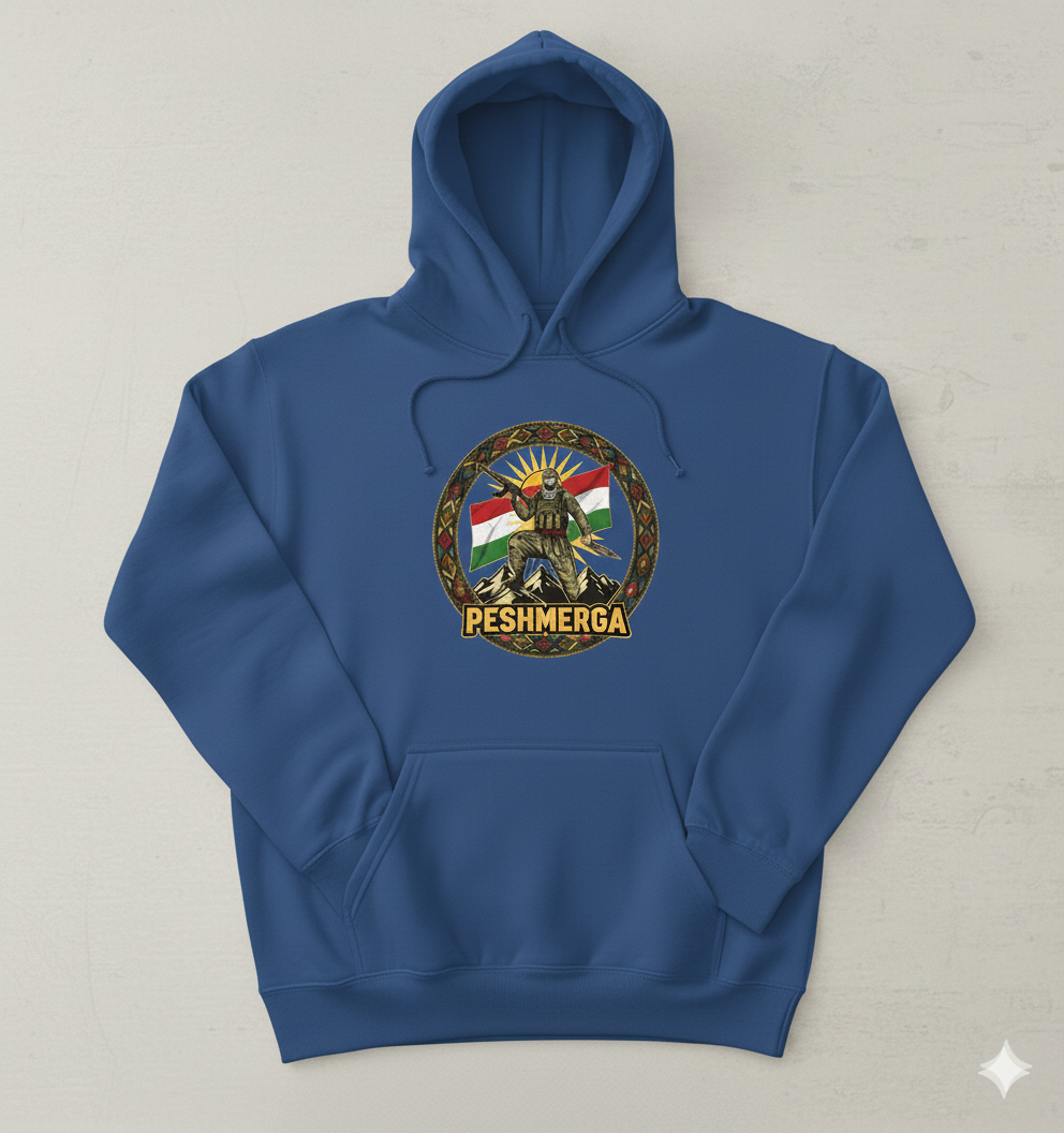 A blue hoodie displaying a Kurdish peshmerga design. 