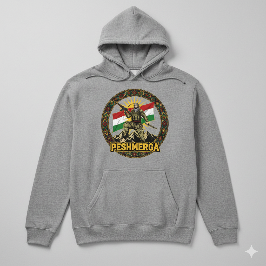 A grey hoodie displaying a Kurdish peshmerga design. 