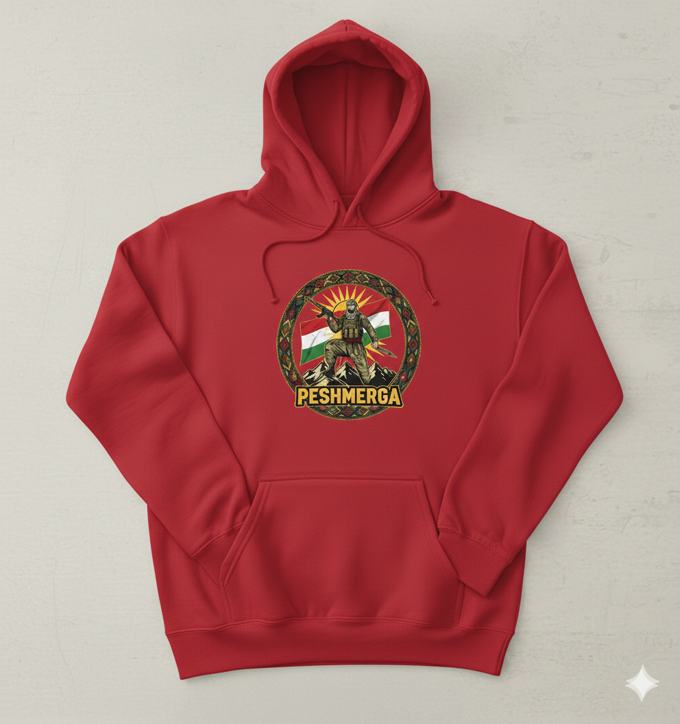 A red hoodie displaying a Kurdish peshmerga design. 