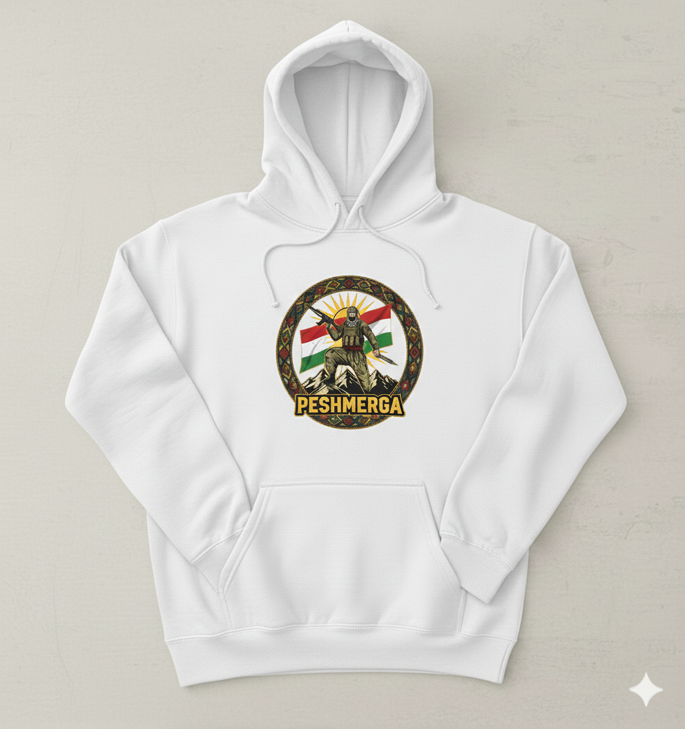A white hoodie showing a Kurdish peshmerga design 