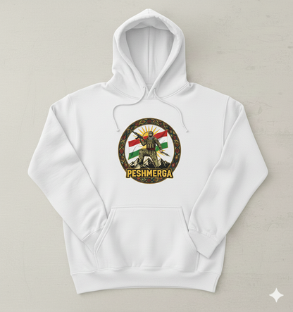 A white hoodie showing a Kurdish peshmerga design 