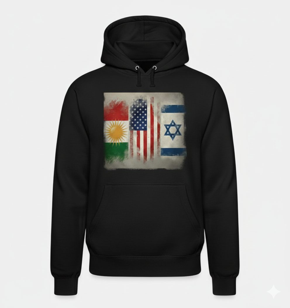 A black hoodie showing the flags of kurdistan, usa and israel. 