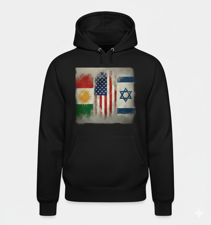 A black hoodie showing the flags of kurdistan, usa and israel. 