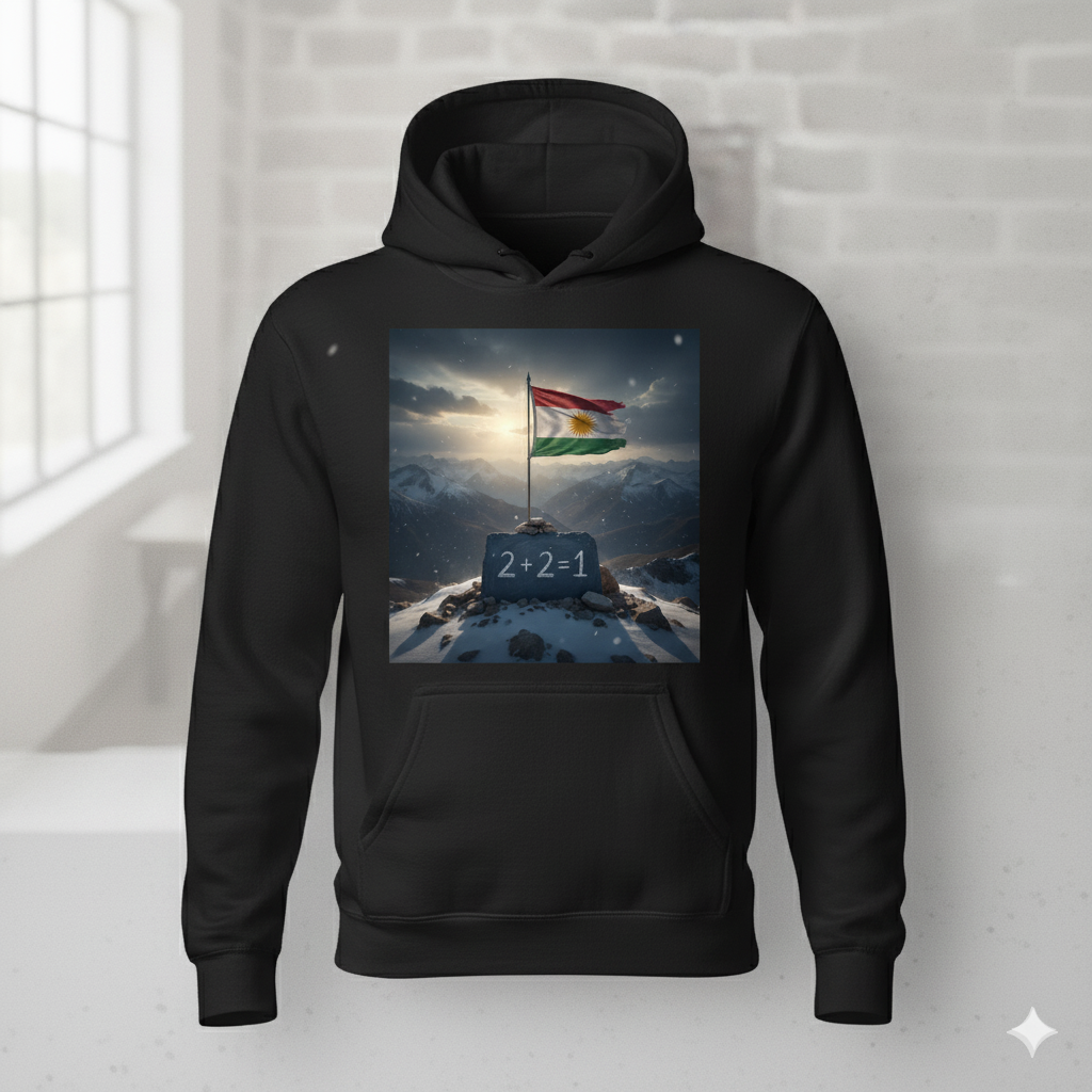 A black hoodie that shows a kurdistan flag and the kurdish quote 2 + 2 = 1.