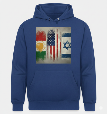 Blue Hoodie showing the flags of Kurdistan, USA and Israel.