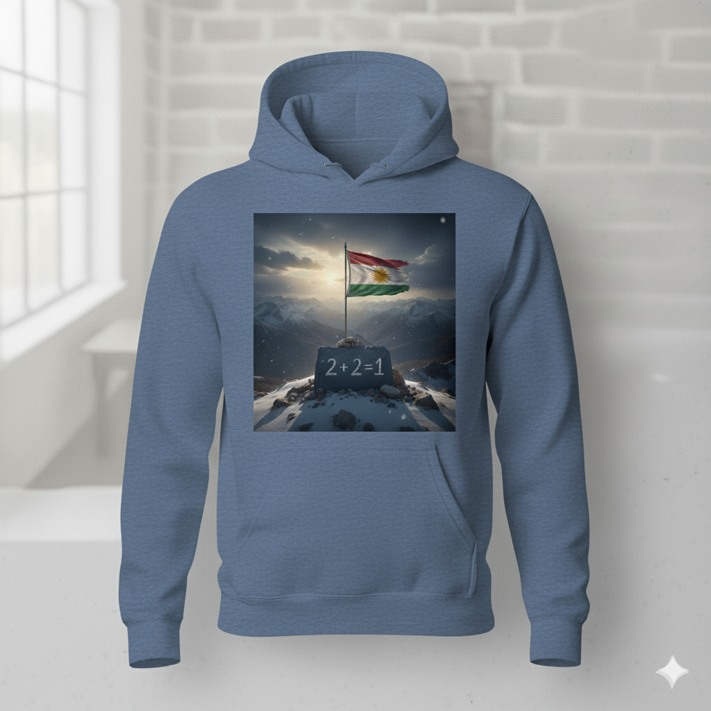 A Blue hoodie that shows a kurdistan flag and the kurdish quote 2 + 2 = 1.