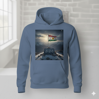 A Blue hoodie that shows a kurdistan flag and the kurdish quote 2 + 2 = 1.