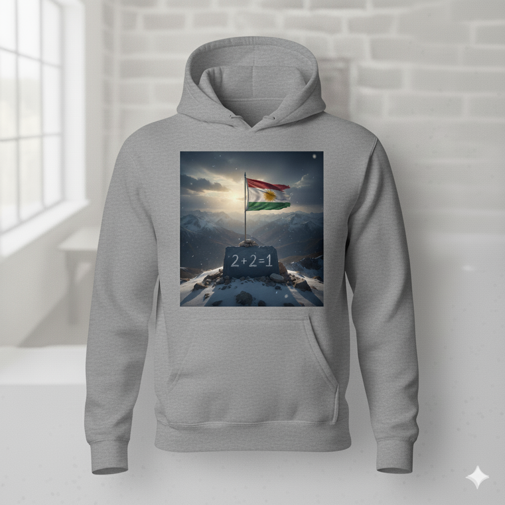 A Grey hoodie that shows a kurdistan flag and the kurdish quote 2 + 2 = 1.